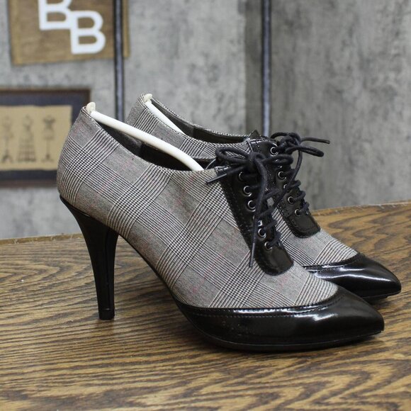 NWT Circa by Joan & David Vintage Lace Up Glen Plaid Heels Black Multi 6.5M - Picture 1 of 7